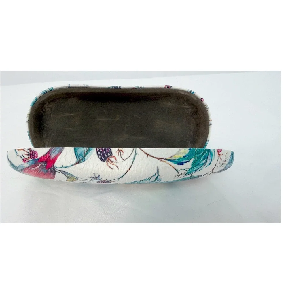 Floral Bird Print Hard Shell Eyeglass Case White Botanical Berry Chic 103-125